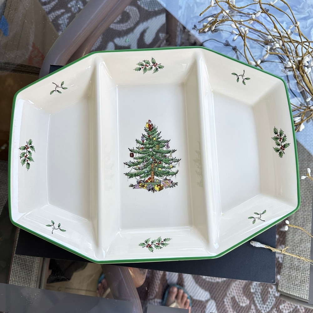 Spode England Vintage "Christmas Tree"Triple Server Tray Oval Shaped